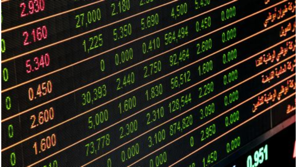 Detailed view of a stock market screen showing numbers and data, symbolizing financial trading